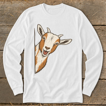 White long sleeve t-shirt with a playful illustration of a goat peeking from the side.