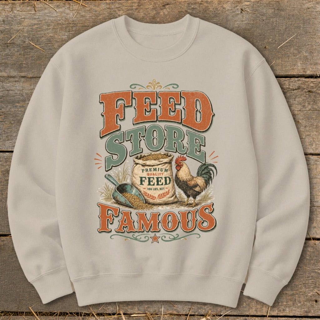 Feed Store Famous sweatshirt with bag of feed, scoop, and rooster graphic.