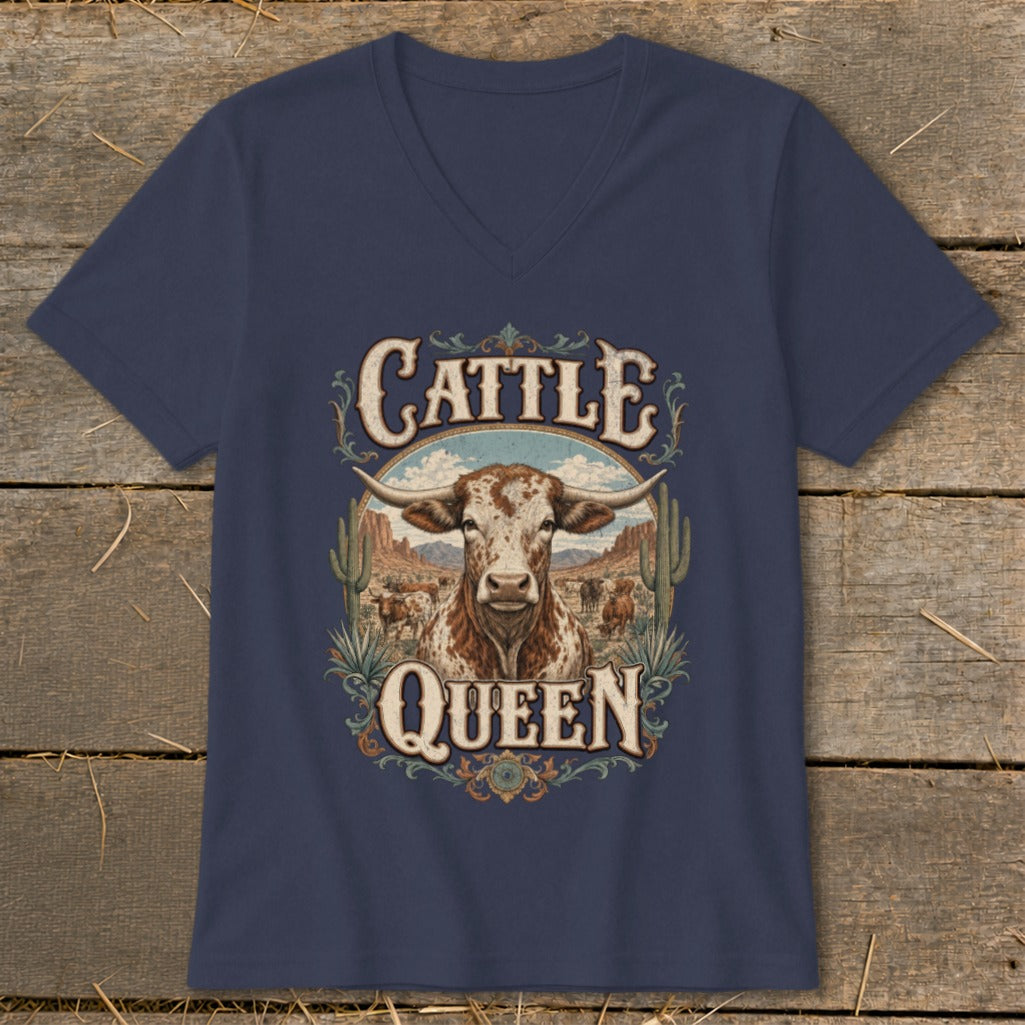 Navy v-neck t-shirt with "Cattle Queen" text and Texas longhorn bull illustration.