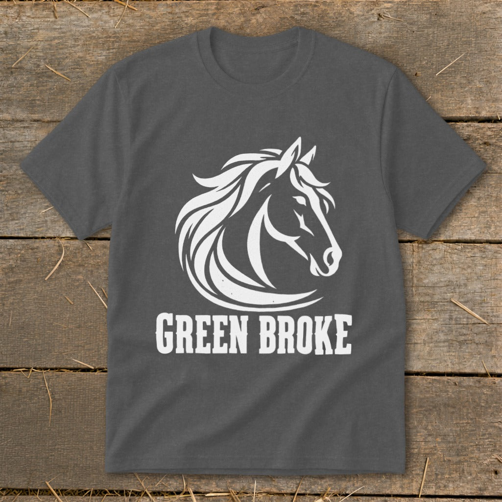 Charcoal gray crewneck t-shirt featuring a white horse head graphic and the text GREEN BROKE.