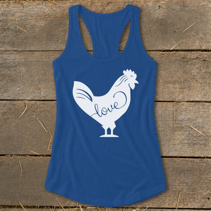 Blue racerback tank top with white rooster graphic and the word "love".