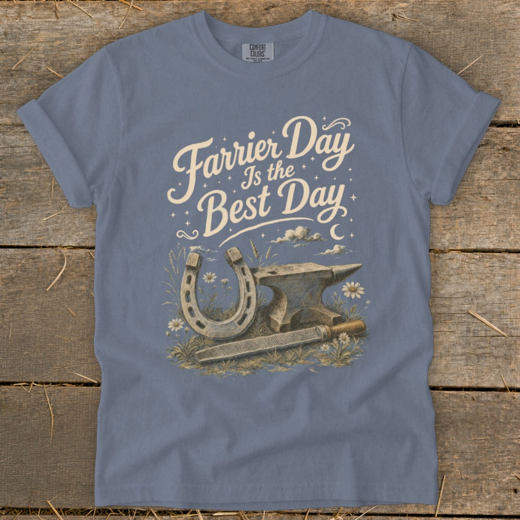 Blue t-shirt with "Farrier Day Is the Best Day" text, horseshoe, anvil, and rasp.