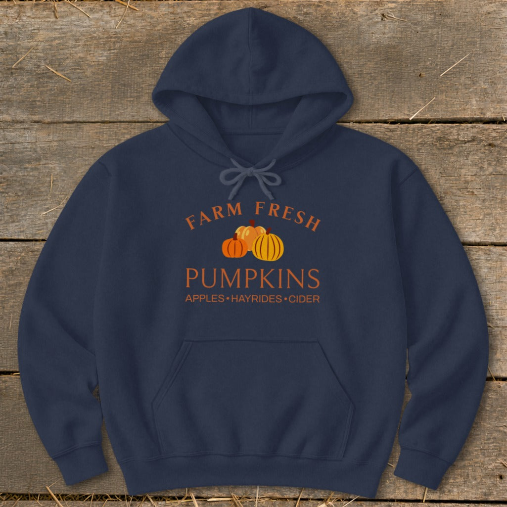 Navy hoodie with "Farm Fresh Pumpkins" text and pumpkin graphics.