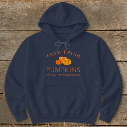 Navy hoodie with "Farm Fresh Pumpkins" text and pumpkin graphics.