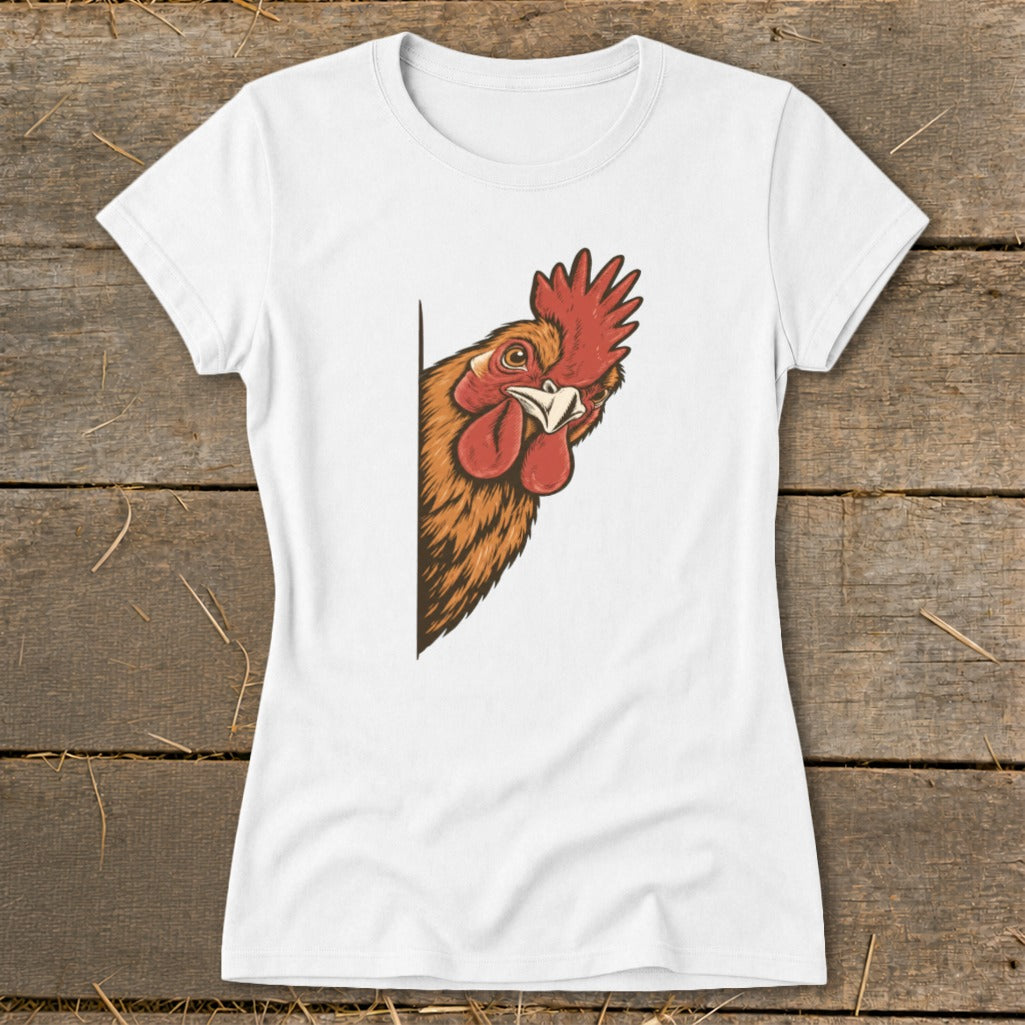 White t-shirt with a rooster peeking from the side.