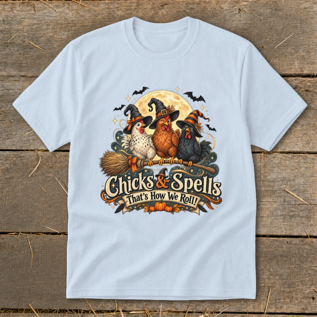Three witch chickens on a broomstick with "Chicks & Spells That's How We Roll!" text.