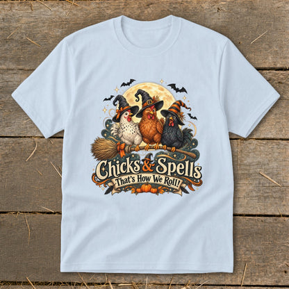 Three witch chickens on a broomstick with "Chicks & Spells That's How We Roll!" text.