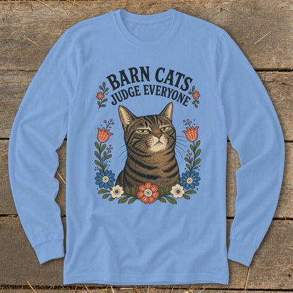 Light blue long-sleeve shirt with a tabby cat illustration and "Barn Cats Judge Everyone" text.