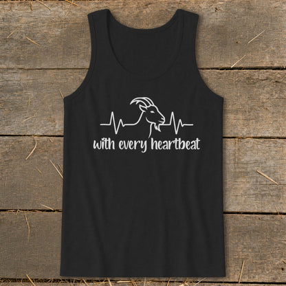 Black tank top with white goat and heartbeat graphic and "with every heartbeat" text.