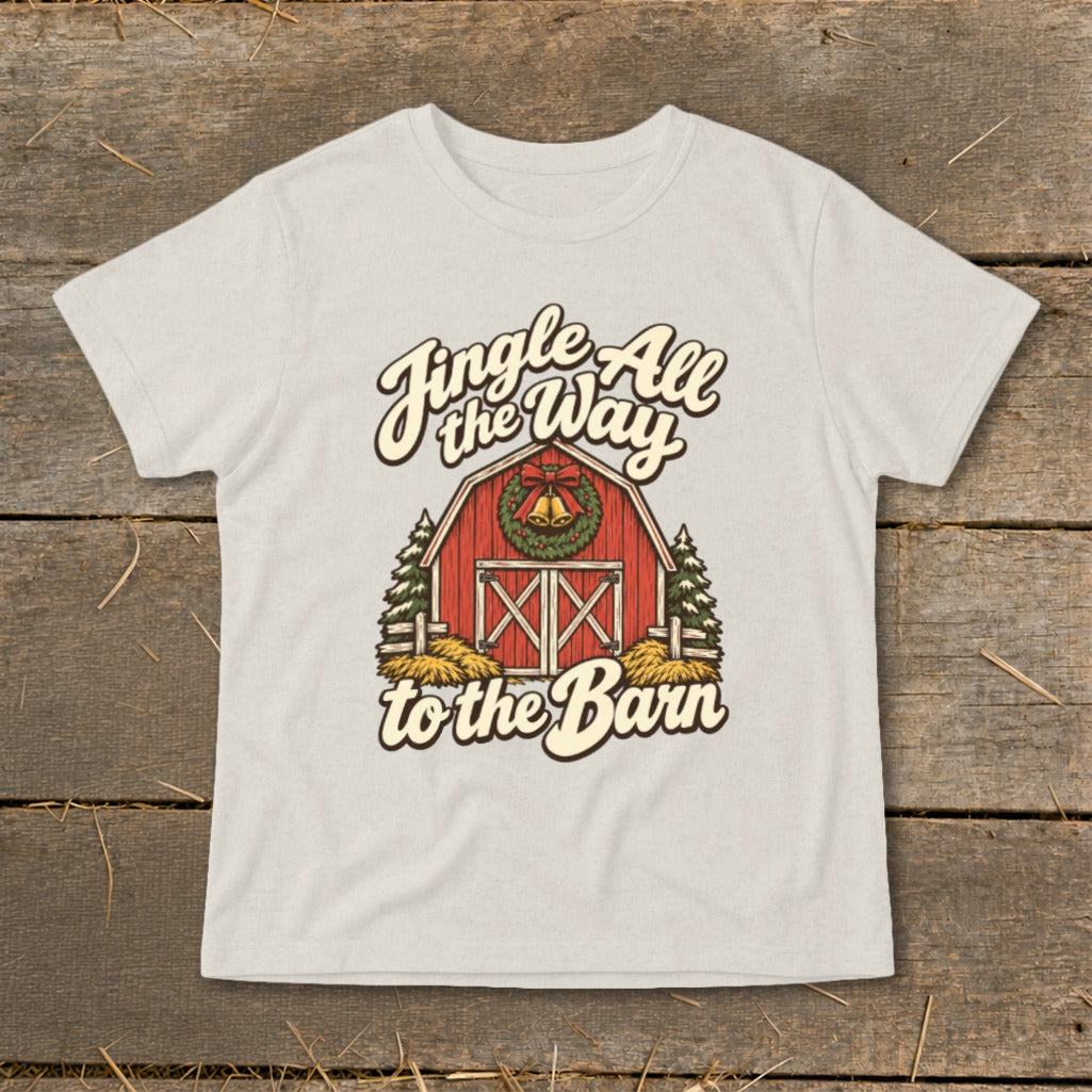 T-shirt graphic with red barn, Christmas wreath, and "Jingle All the Way to the Barn" text.