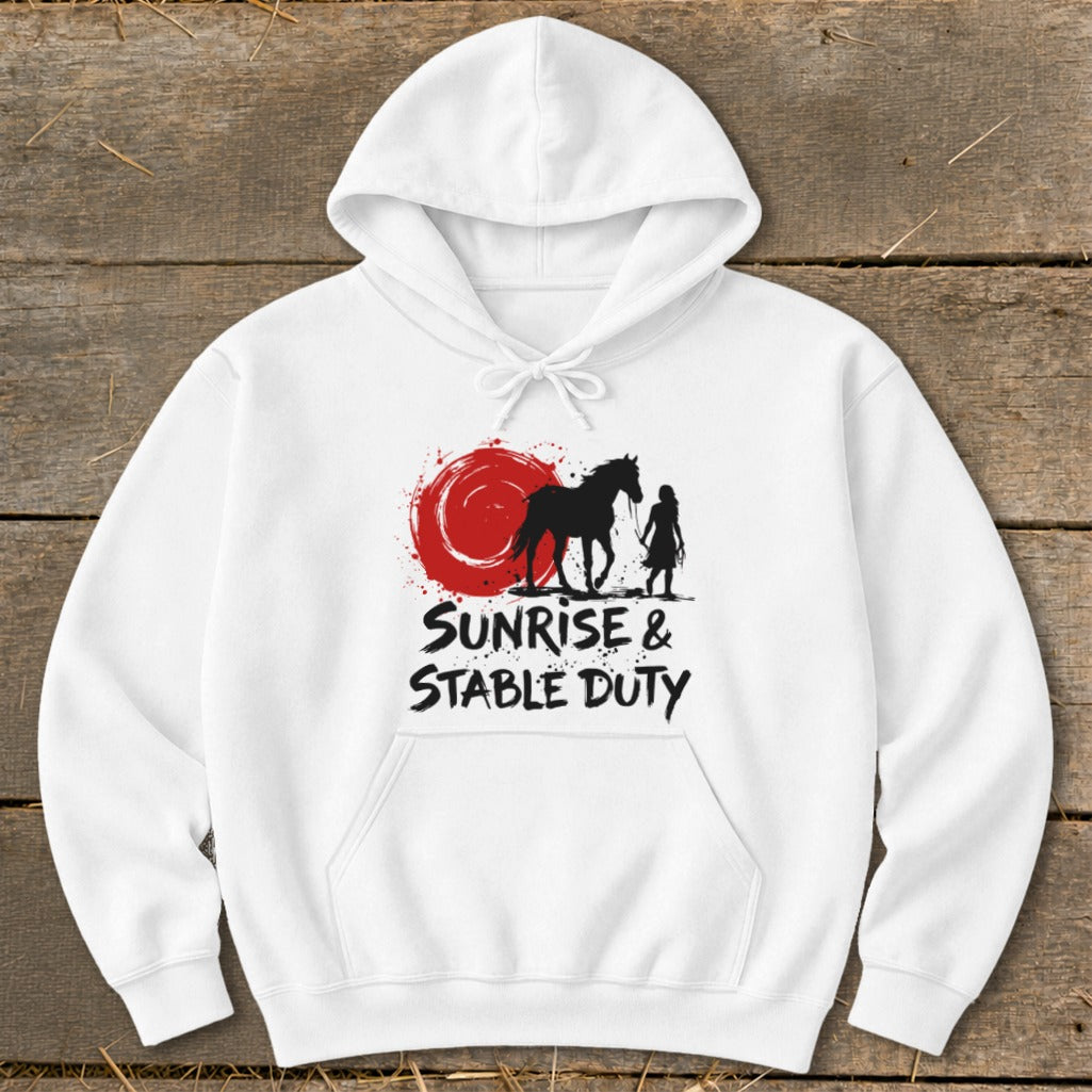 White hoodie with black horse and rider silhouette, red sun graphic, and text "SUNRISE & STABLE DUTY".