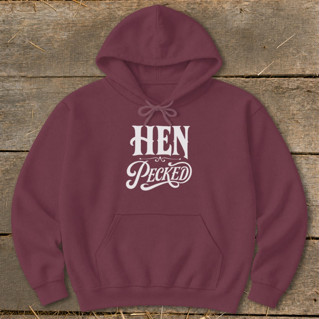 Maroon hoodie with white "HEN Pecked" text and drawstring hood.