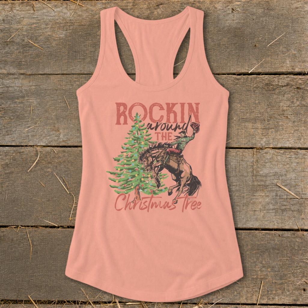 Peach tank top with "Rockin' Around the Christmas Tree" text and rodeo graphic.