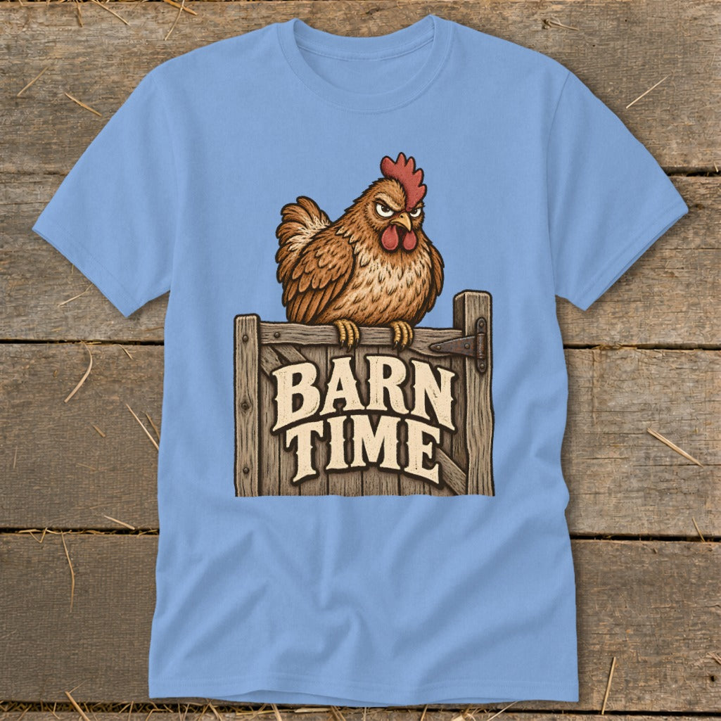 Light blue t-shirt with angry chicken on wooden gate reading "BARN TIME".