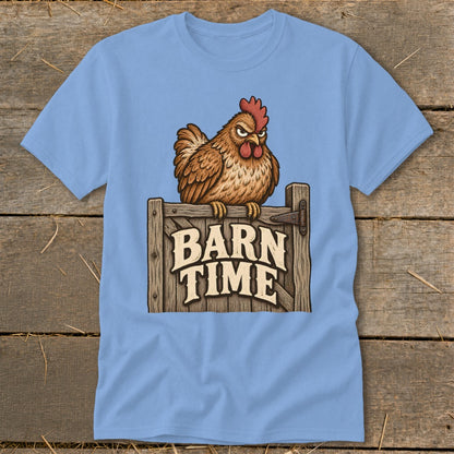 Light blue t-shirt with angry chicken on wooden gate reading "BARN TIME".