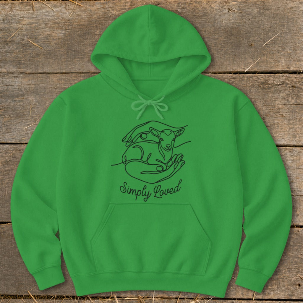 Green hoodie with black line art of hands holding a lamb and "Simply Loved" text.