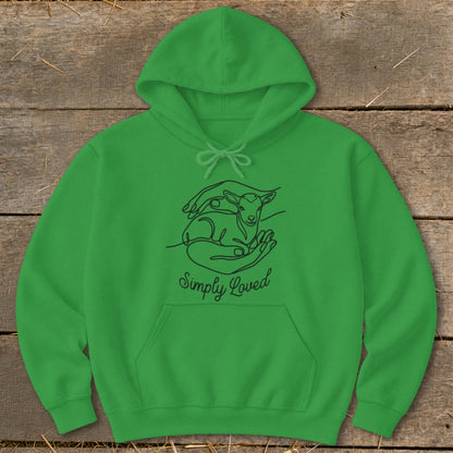 Green hoodie with black line art of hands holding a lamb and "Simply Loved" text.