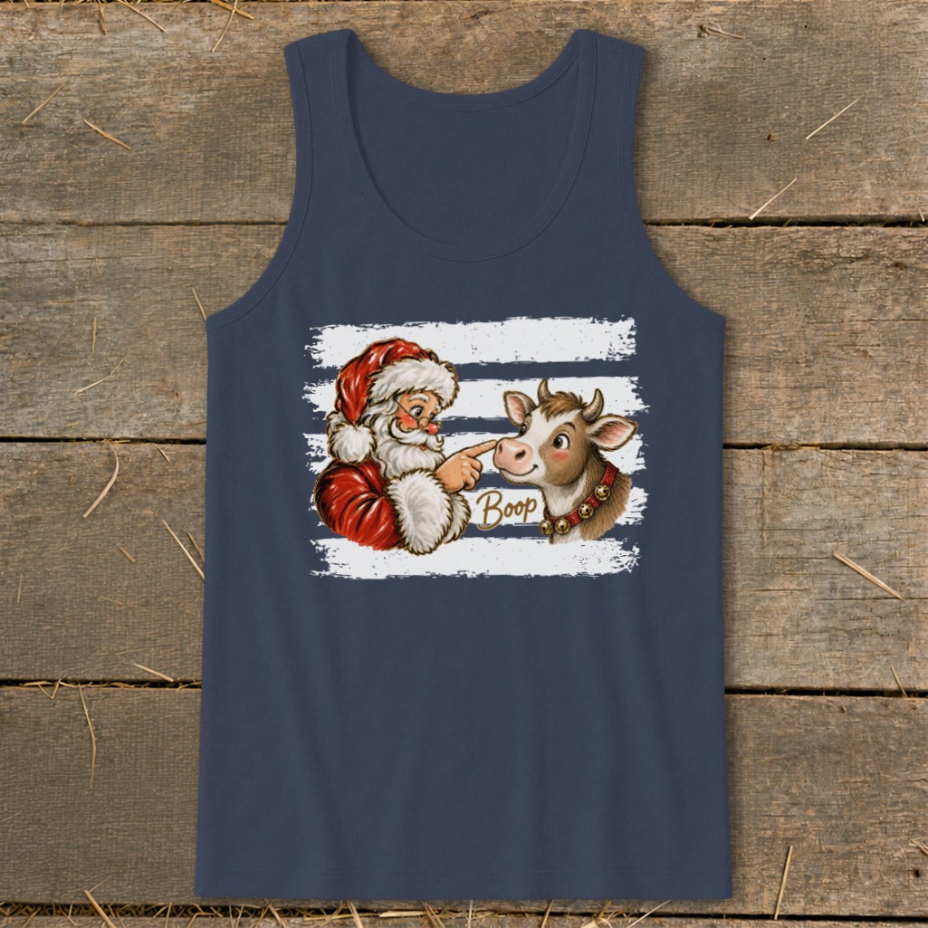 Santa booping a cow's nose with the word "Boop" on a tank top.