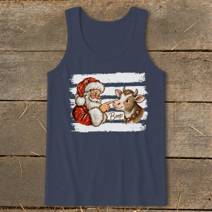 Santa booping a cow's nose with the word "Boop" on a tank top.