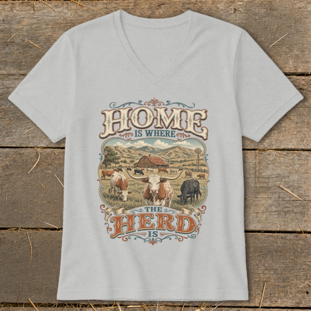 T-shirt graphic: "Home Is Where The Herd Is" with cattle and farm scene.