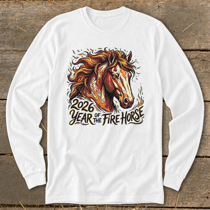 White long-sleeve shirt with a graphic of a horse's head in flames and text "2026 Year of the Fire Horse".