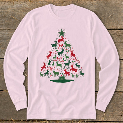 Long-sleeve shirt with a Christmas tree made of red and green goats and holly.