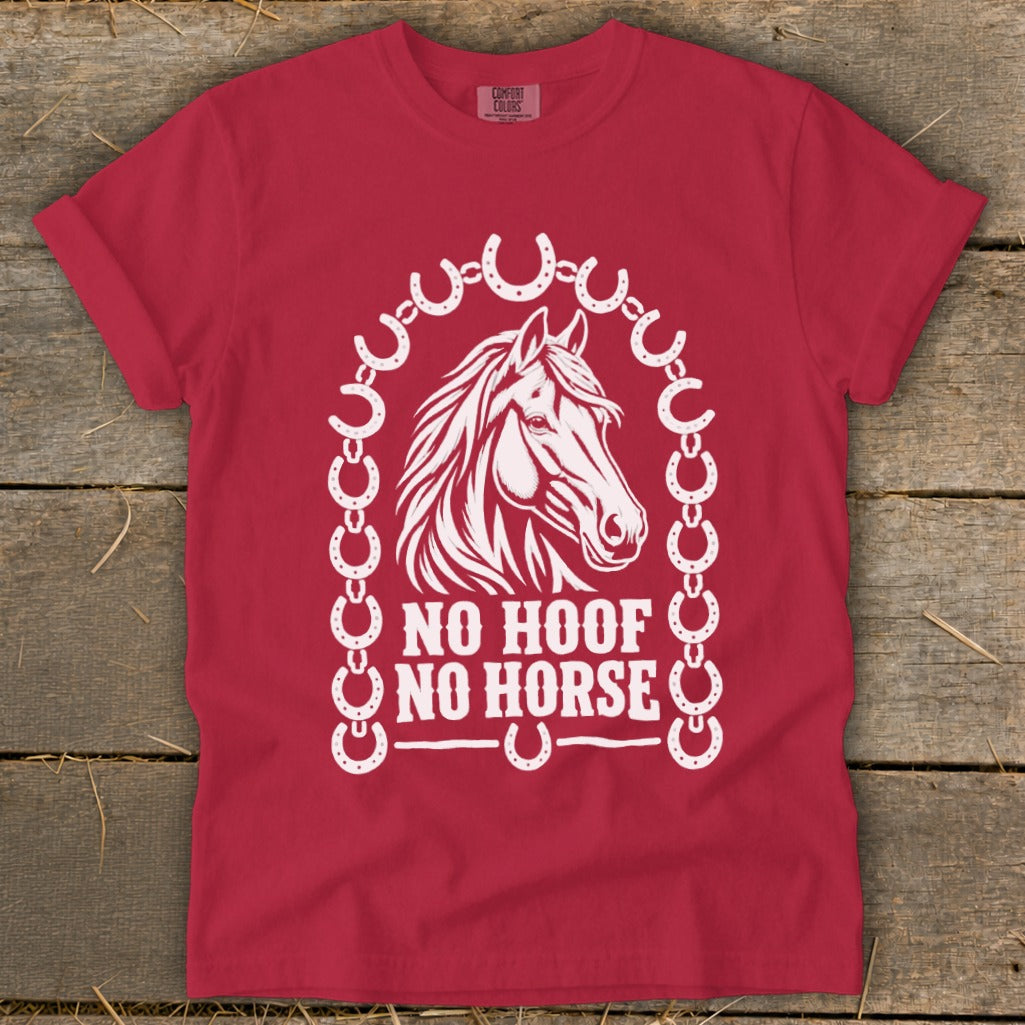 Red t-shirt with white graphic of horse head and text "NO HOOF NO HORSE".