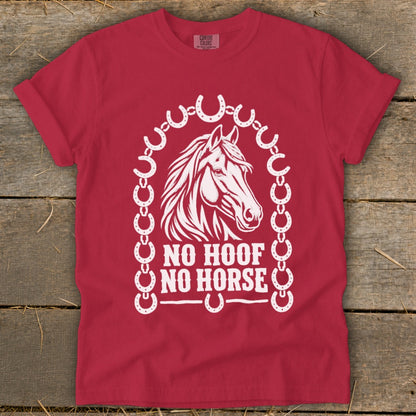 Red t-shirt with white graphic of horse head and text "NO HOOF NO HORSE".