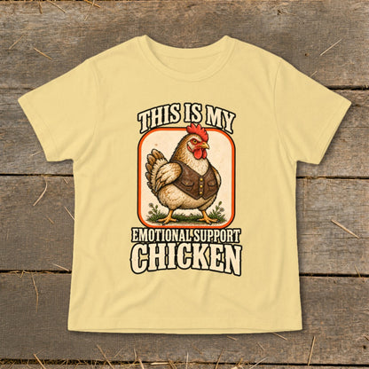 Yellow t-shirt with "This is my emotional support chicken" text and chicken graphic.