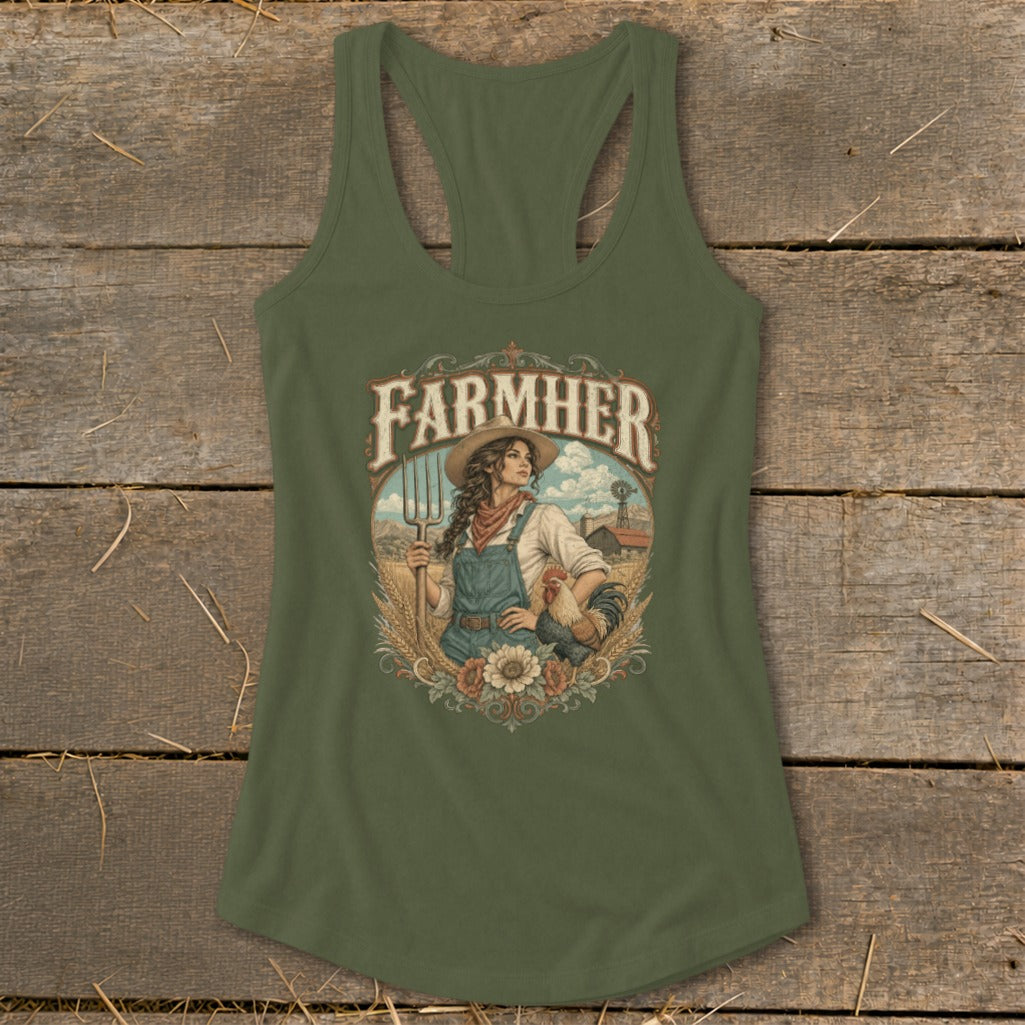 Green tank top with "Farmher" text and illustration of a woman with pitchfork and rooster.