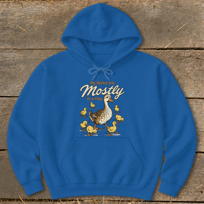 Blue hoodie with a mother duck and ducklings illustration and text.