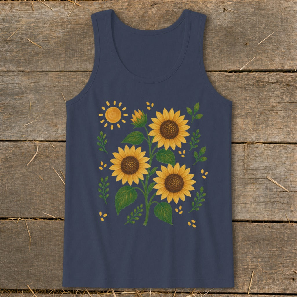 Navy tank top with a watercolor sunflower and sun design.