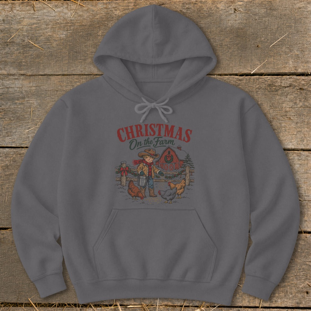 Christmas On the Farm graphic with boy feeding chickens near a red barn.