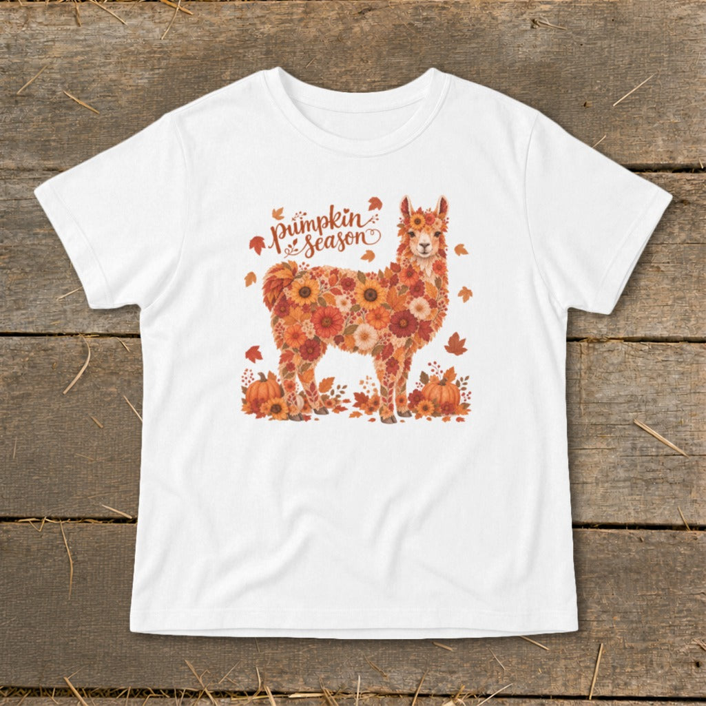 White t-shirt with a llama made of fall flowers and text that reads "pumpkin season."