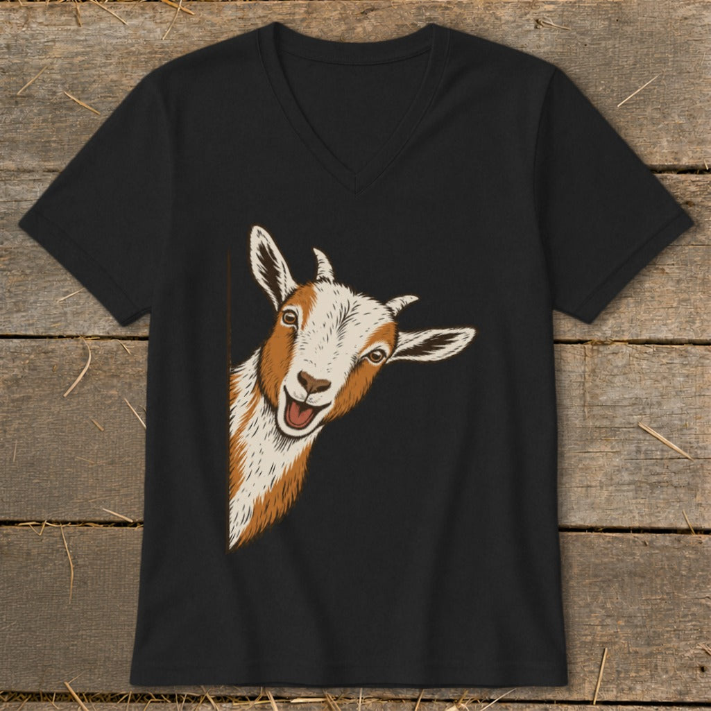 Black v-neck t-shirt with a playful illustration of a goat peeking from the side.