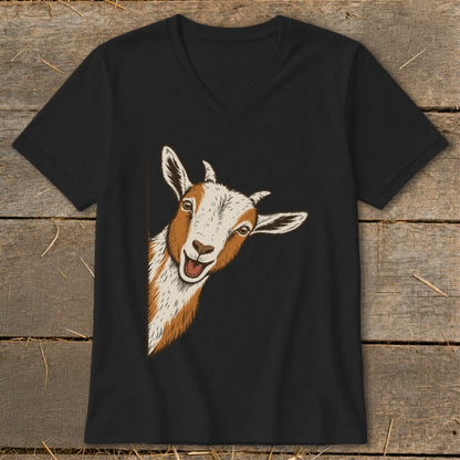 Black v-neck t-shirt with a playful illustration of a goat peeking from the side.