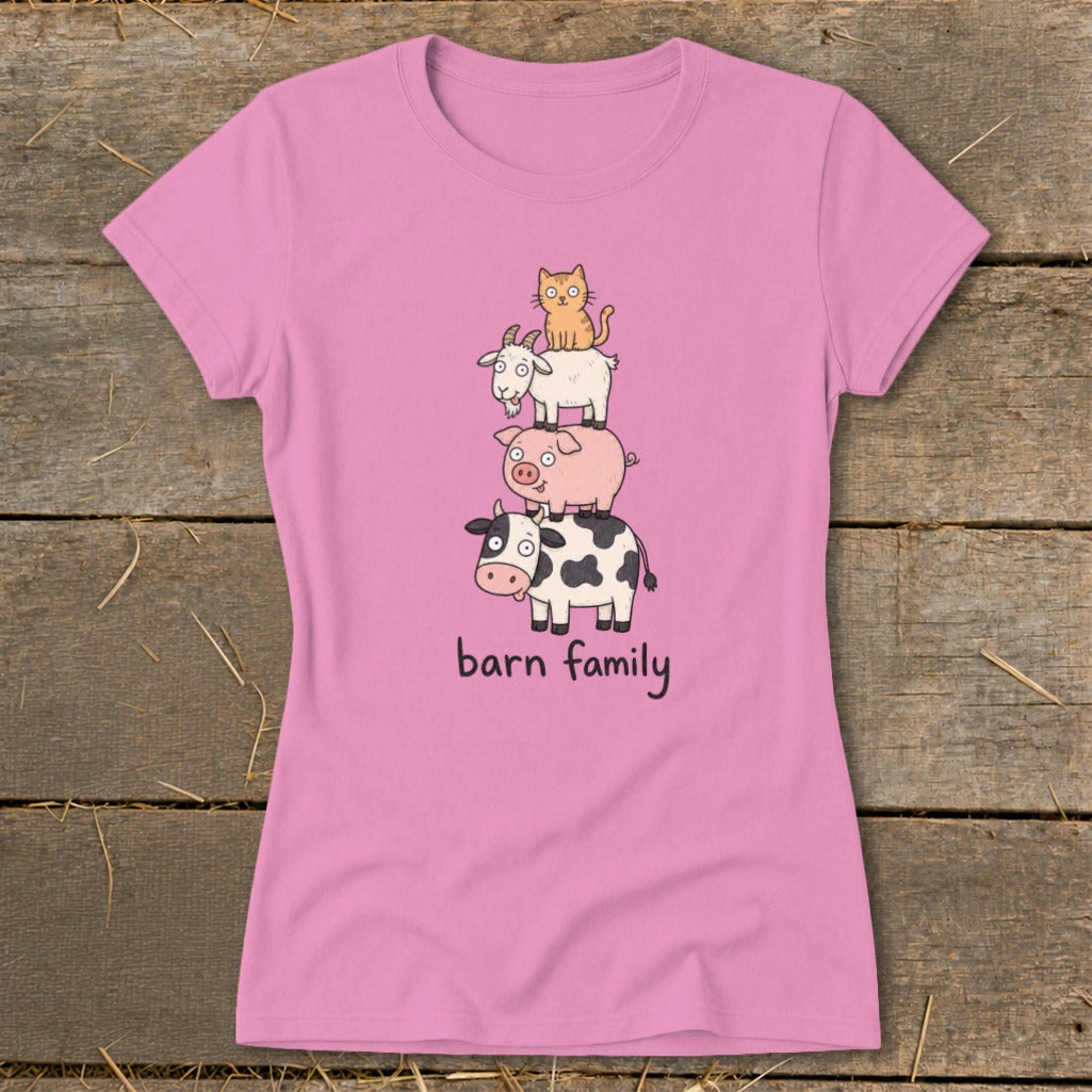 Pink t-shirt with stacked cartoon cow, pig, goat, and cat; text says "barn family".