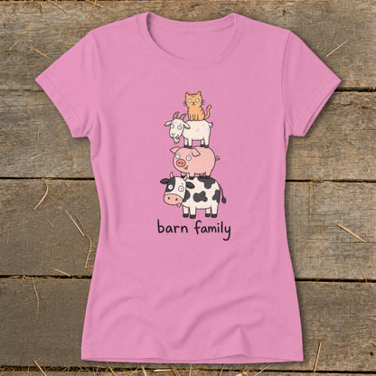 Pink t-shirt with stacked cartoon cow, pig, goat, and cat; text says "barn family".