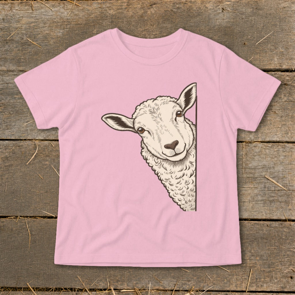 Pink t-shirt with a peeking sheep graphic illustration.