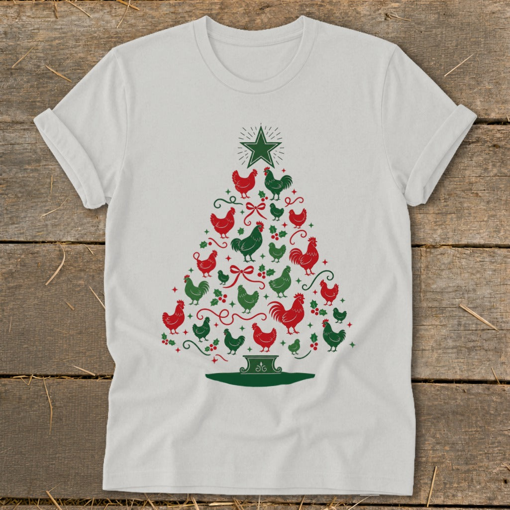 White t-shirt with Christmas tree made of red and green chickens and roosters.