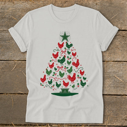 White t-shirt with Christmas tree made of red and green chickens and roosters.