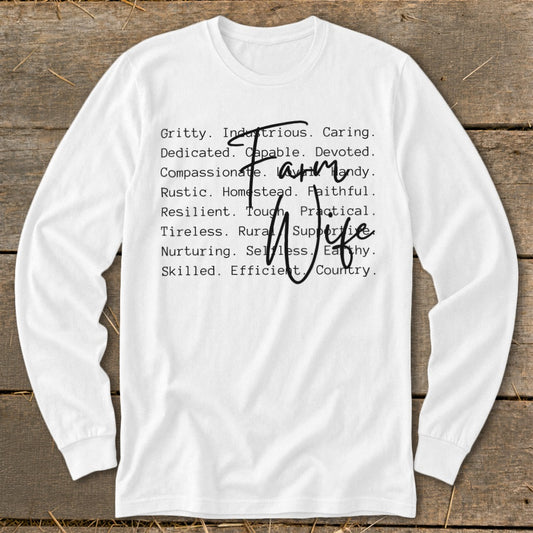 White long-sleeve shirt with "Farm Wife" and descriptive words.
