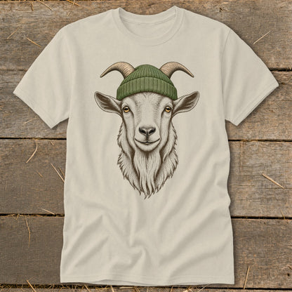 Cream t-shirt with illustration of a goat wearing a green beanie.