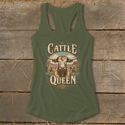 Tank top with "Cattle Queen" text and a longhorn steer in a desert landscape.