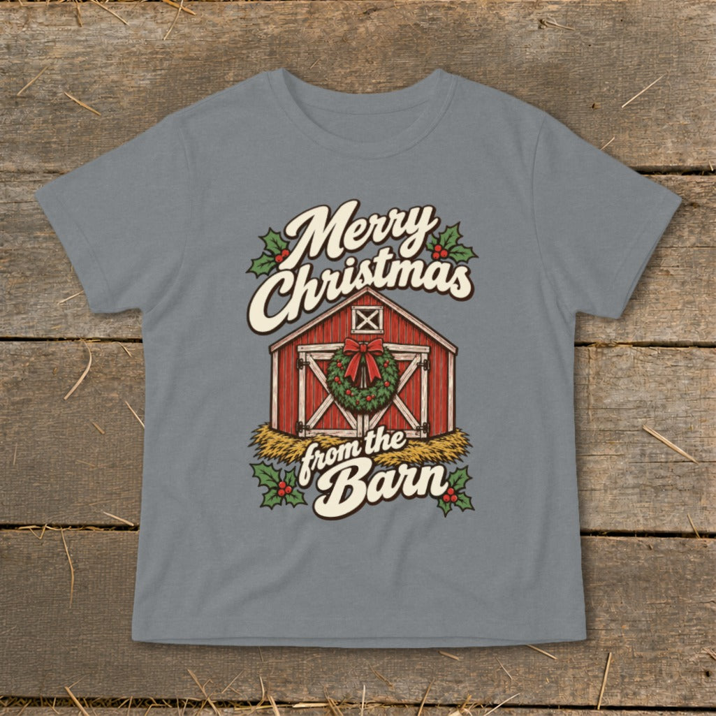 Merry Christmas from the Barn graphic on a grey t-shirt.