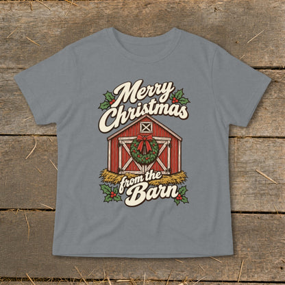Merry Christmas from the Barn graphic on a grey t-shirt.