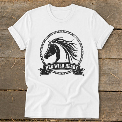 White t-shirt with a black distressed graphic of a horse's head inside a rope circle and the text "HER WILD HEART".