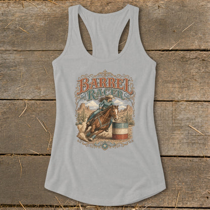 Grey tank top with barrel racer horse and rider graphic and desert landscape.