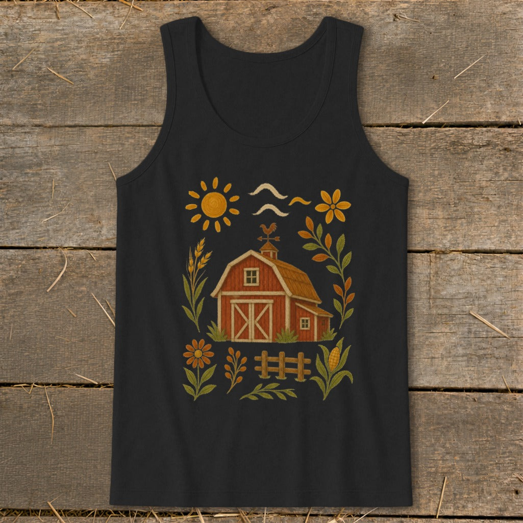 Black tank top with a watercolor-style farm scene featuring a red barn, sun, and flowers.
