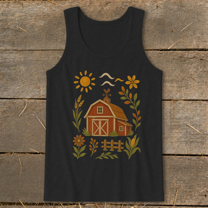 Black tank top with a watercolor-style farm scene featuring a red barn, sun, and flowers.